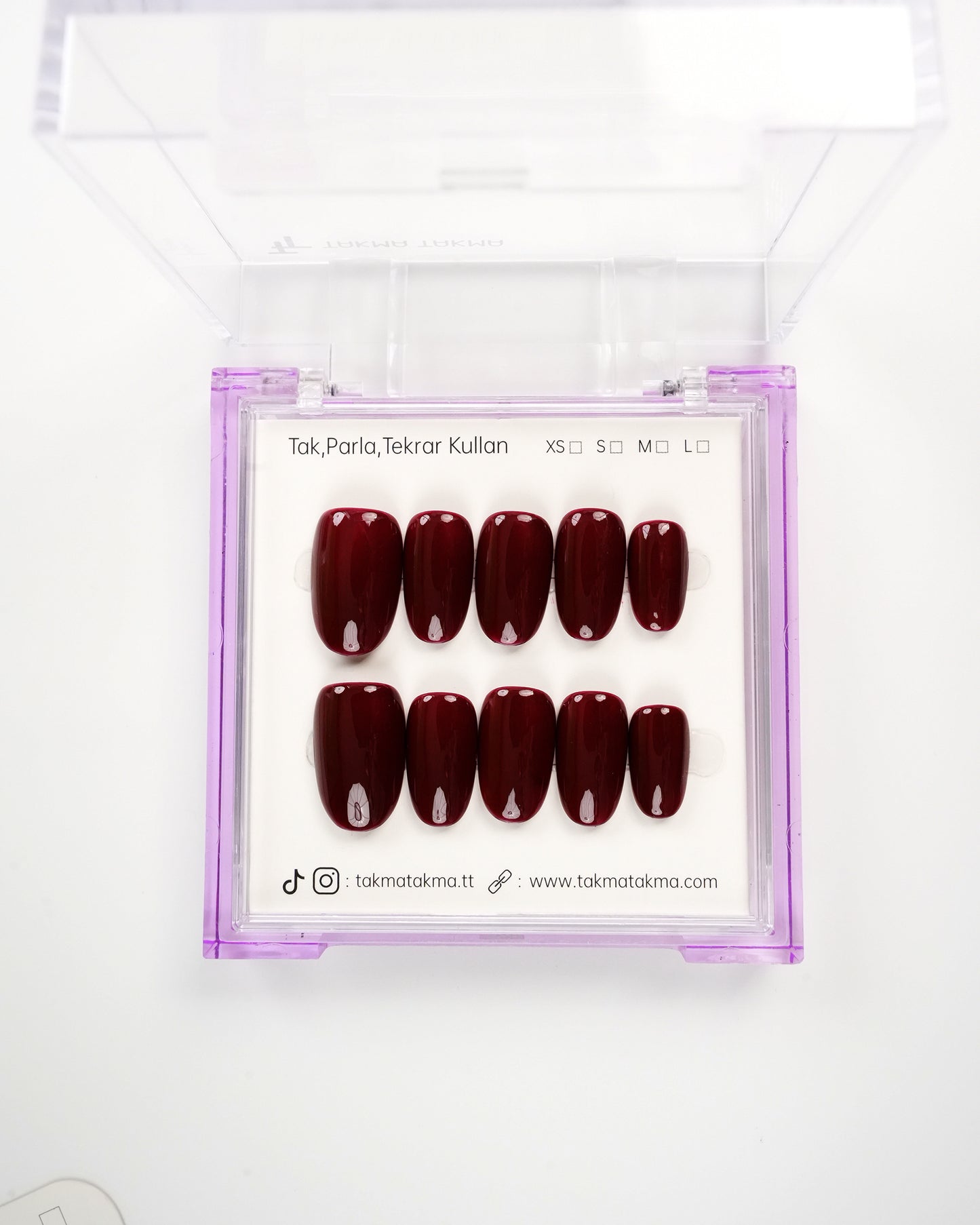 15'li Bordo Kısa Oval TT1420 Tekrar Kullanılabilir El Yapımı Protez Takma Tırnak