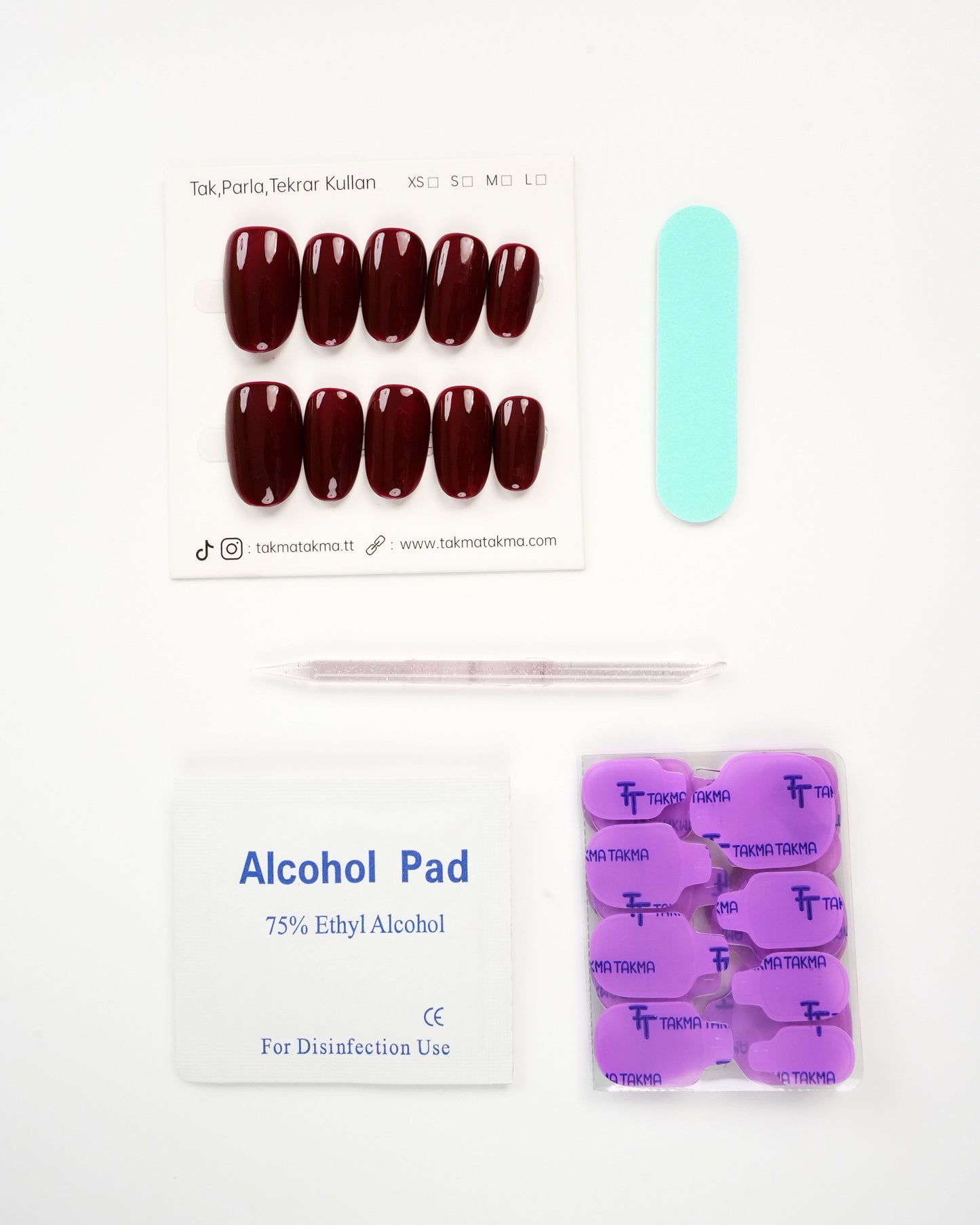 15'li Bordo Kısa Oval TT1420 Tekrar Kullanılabilir El Yapımı Protez Takma Tırnak