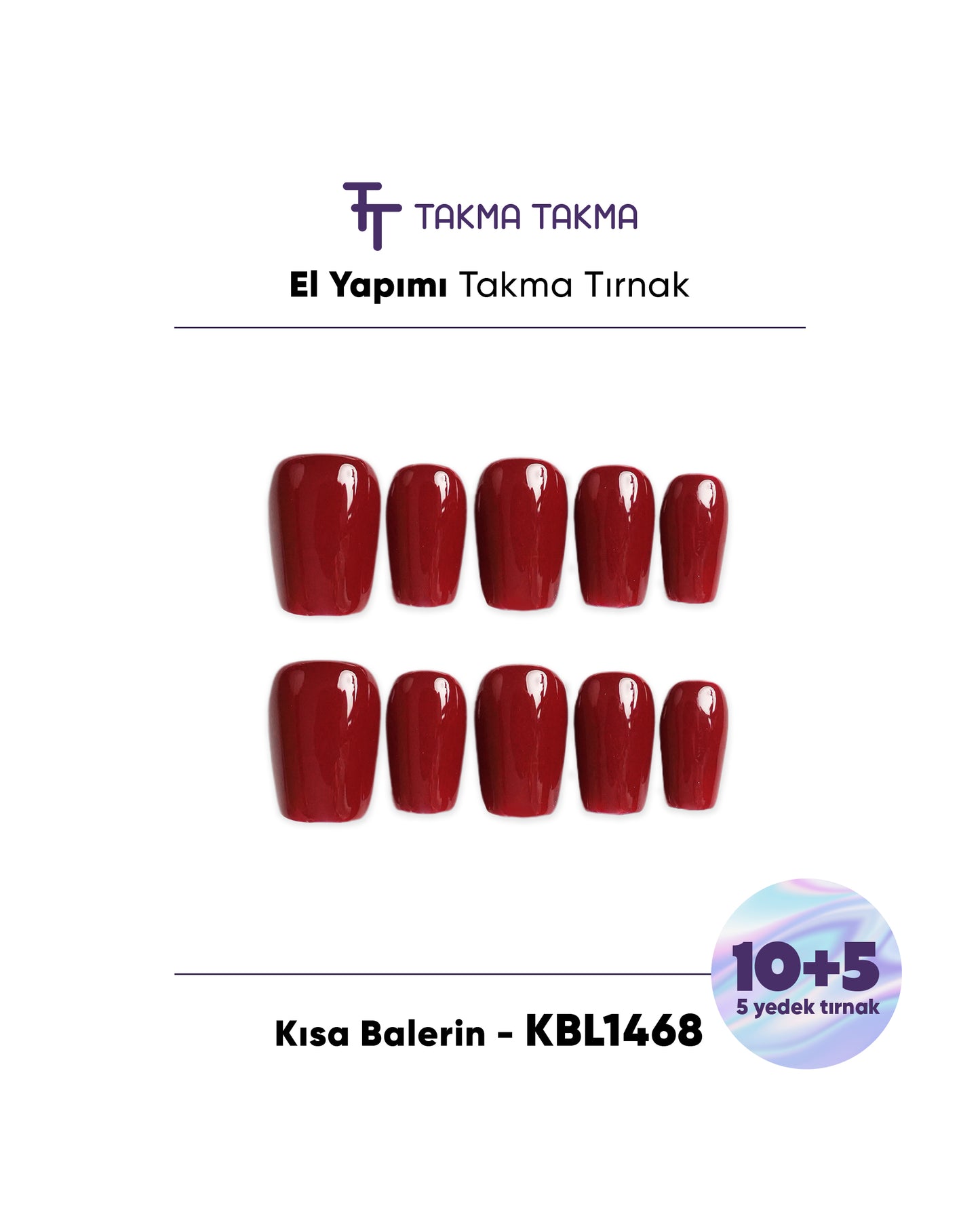 15'li Kırmızı Kısa Balerin KBL1468 Tekrar Kullanılabilir El Yapımı Protez Takma Tırnak