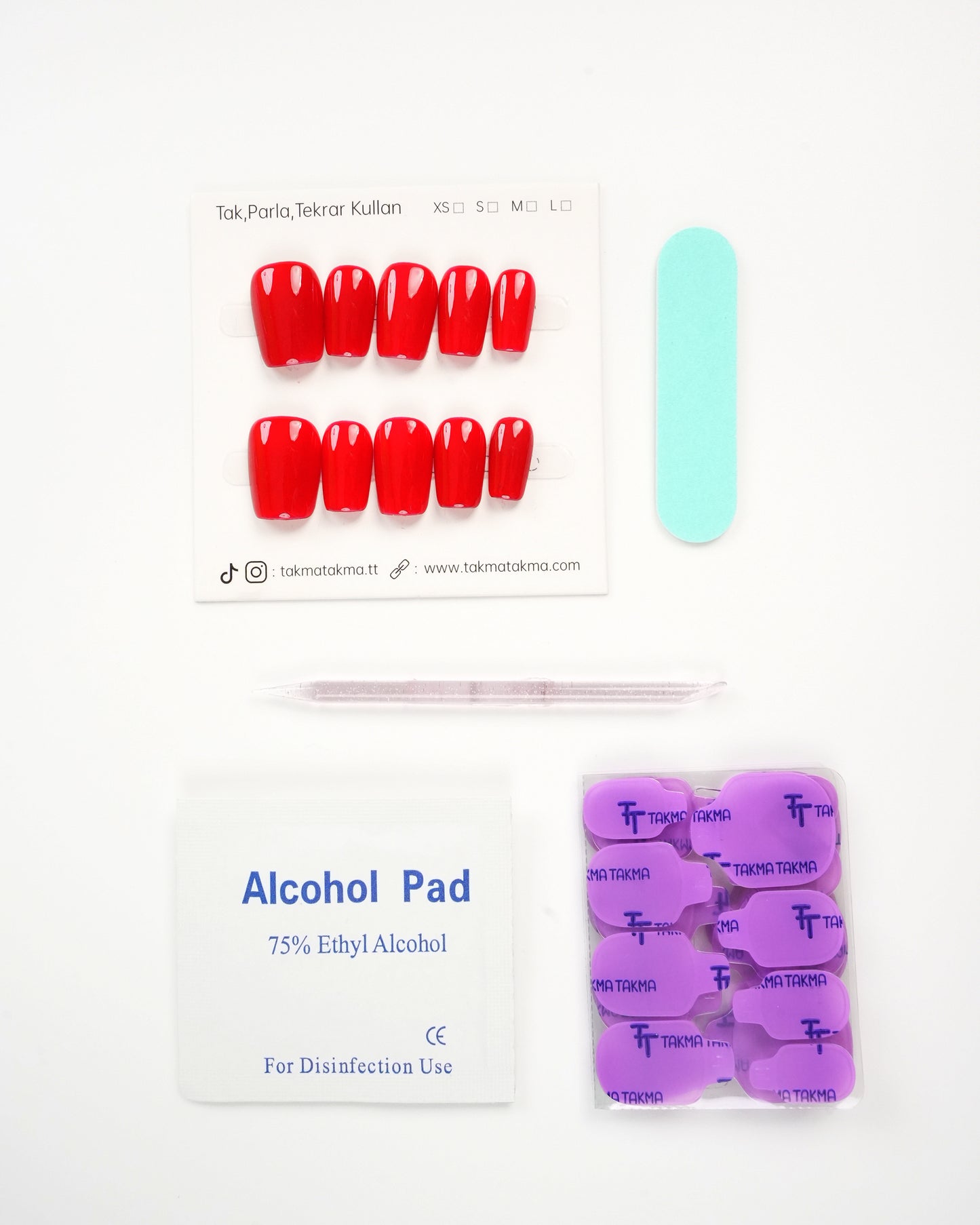 15'li Kırmızı Kısa Balerin KBL1469 Tekrar Kullanılabilir El Yapımı Protez Takma Tırnak