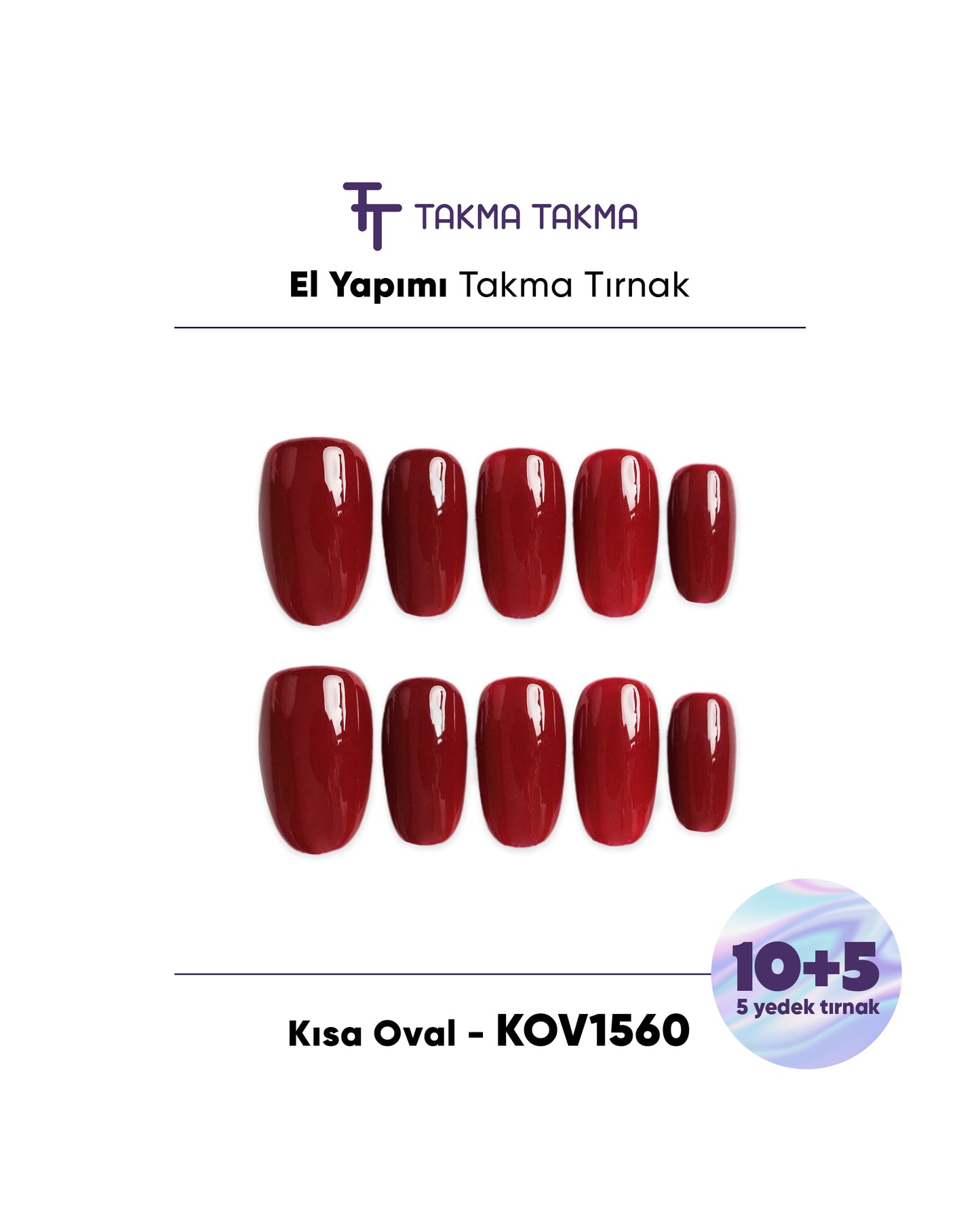 15'li Kırmızı Kısa Oval KOV1560 Tekrar Kullanılabilir El Yapımı Protez Takma Tırnak