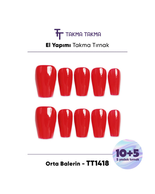 15'li Kırmızı Orta Balerin TT1418 Tekrar Kullanılabilir El Yapımı Protez Takma Tırnak