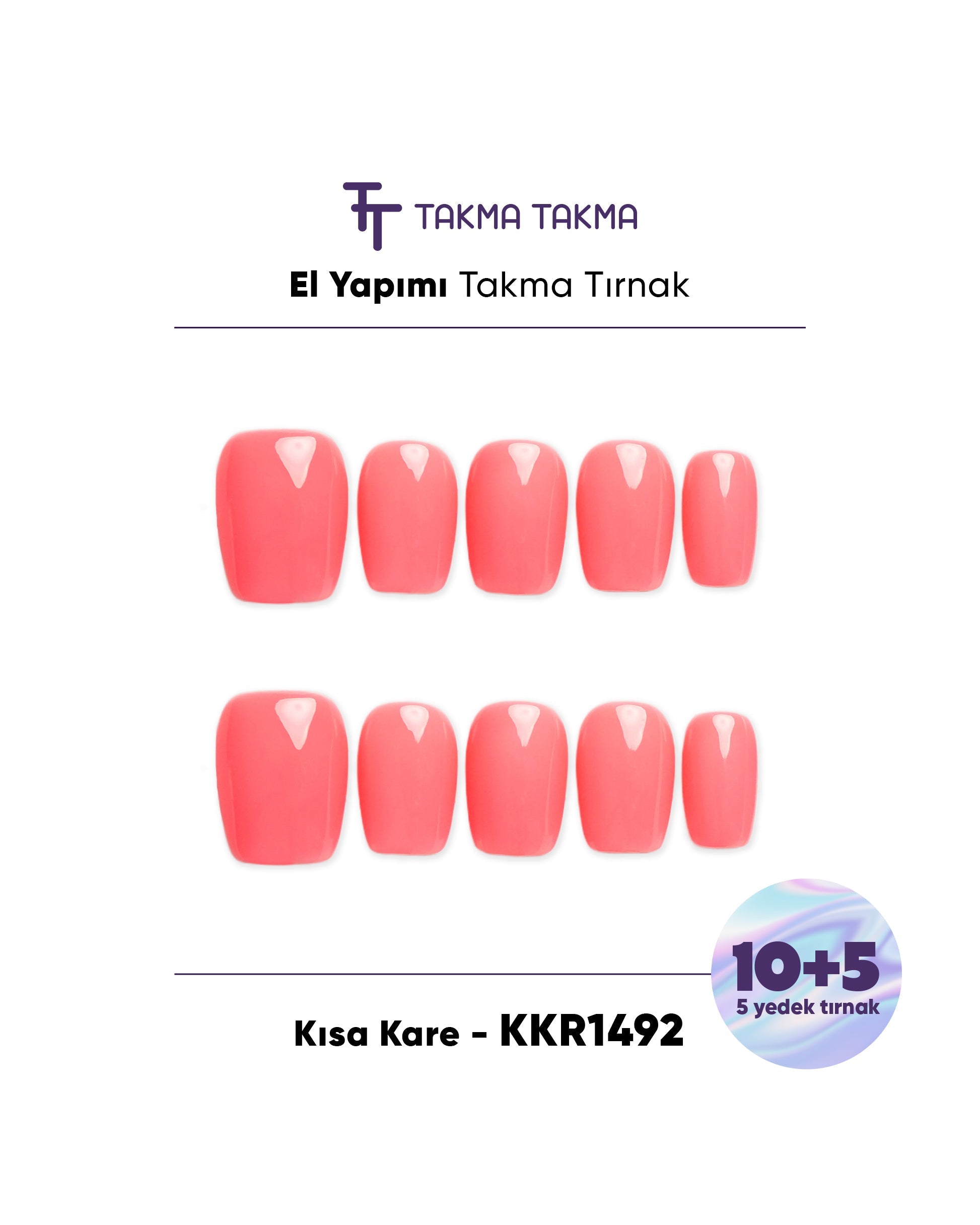 15'li Pembe Kısa Kare KKR1492 Tekrar Kullanılabilir El Yapımı Protez Takma Tırnak Takma Takma