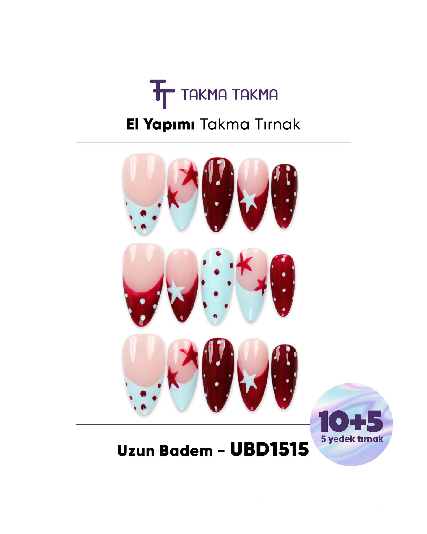 15'li Renkli Uzun Badem UBD1515 Tekrar Kullanılabilir El Yapımı Protez Takma Tırnak