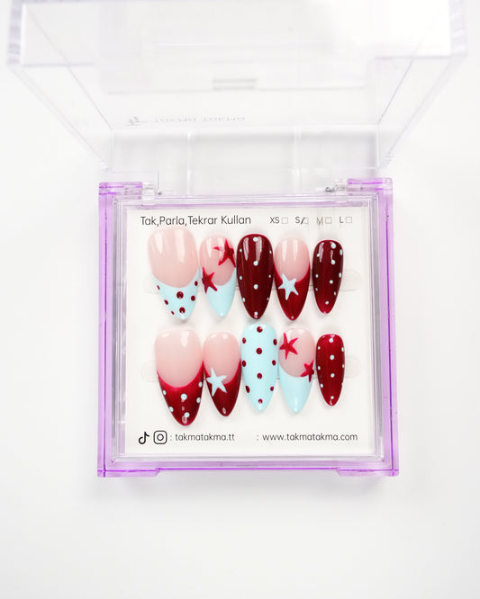 15'li Renkli Uzun Badem UBD1515 Tekrar Kullanılabilir El Yapımı Protez Takma Tırnak