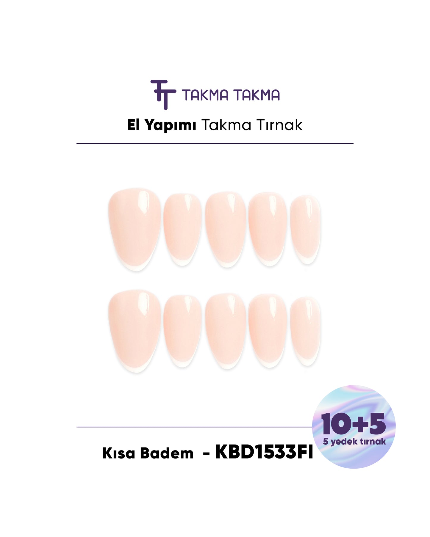 15'li Ten Kısa Badem KBD1533FI Tekrar Kullanılabilir El Yapımı Protez Takma Tırnak