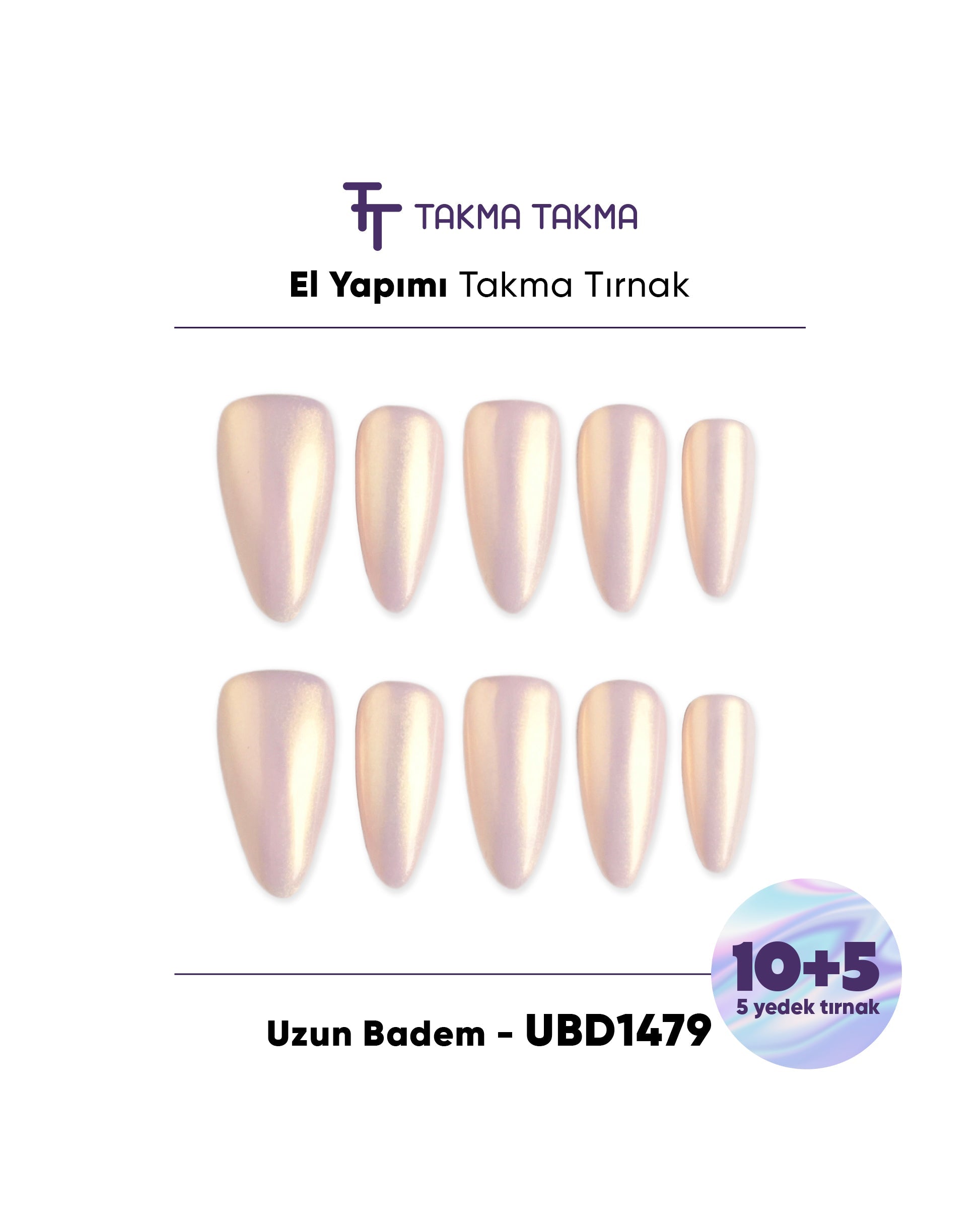 15'li Ten Rengi Uzun Badem UBD1479 Tekrar Kullanılabilir El Yapımı Protez Takma Tırnak Takma Takma