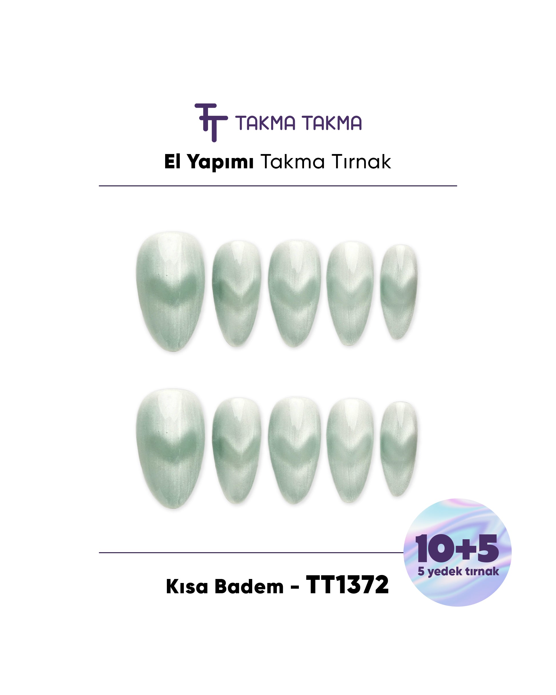 15'li Yeşil Kısa Badem TT1372 Tekrar Kullanılabilir El Yapımı Protez Takma Tırnak Takma Takma