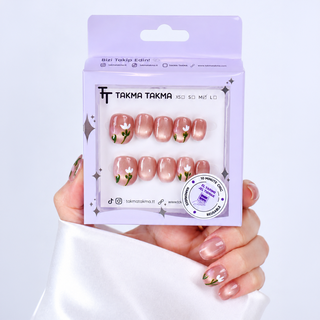 Pembe Nail Art Kısa Balerin El Yapımı Takma Tırnak 10'lu EKYL3022