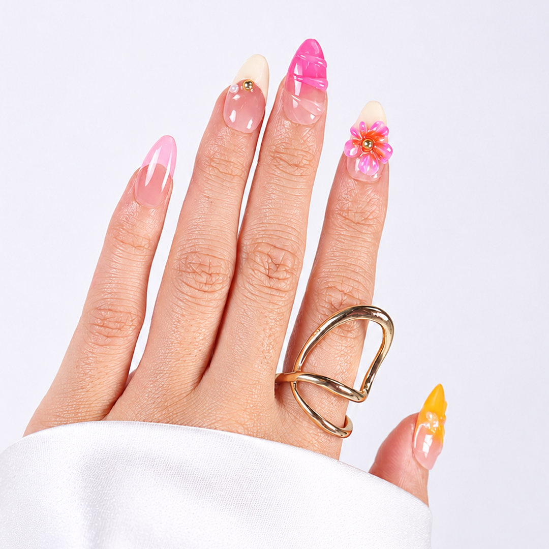 Renkli Nail Art Kısa Badem  El Yapımı Jel Takma Tırnak KKBD1783