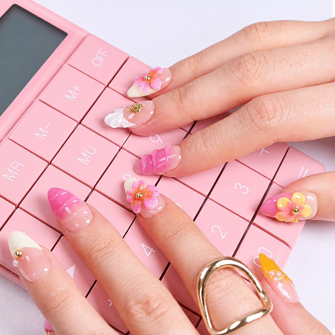Renkli Nail Art Kısa Badem  El Yapımı Jel Takma Tırnak KKBD1783