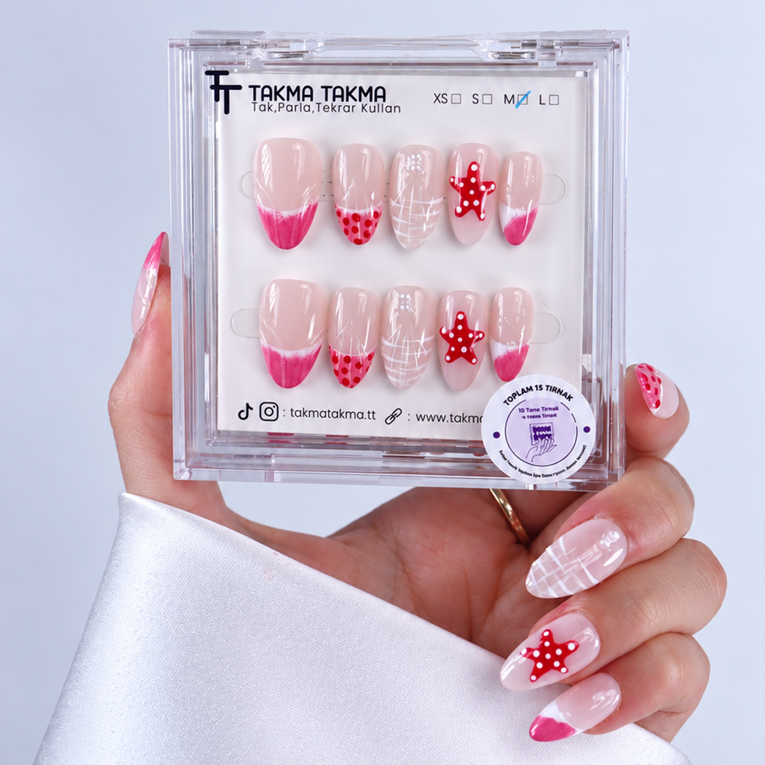 Renkli Nail Art Kısa Badem 15'li Tekrar Kullanılabilir El Yapımı Protez Takma Tırnak KKBD-3511