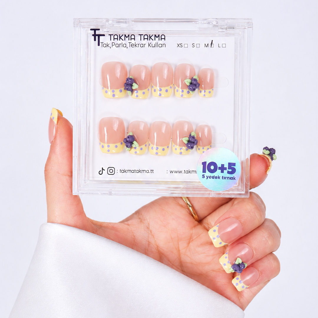 Sarı Nail Art Kısa Balerin El Yapımı Takma Tırnak KKBL-3541