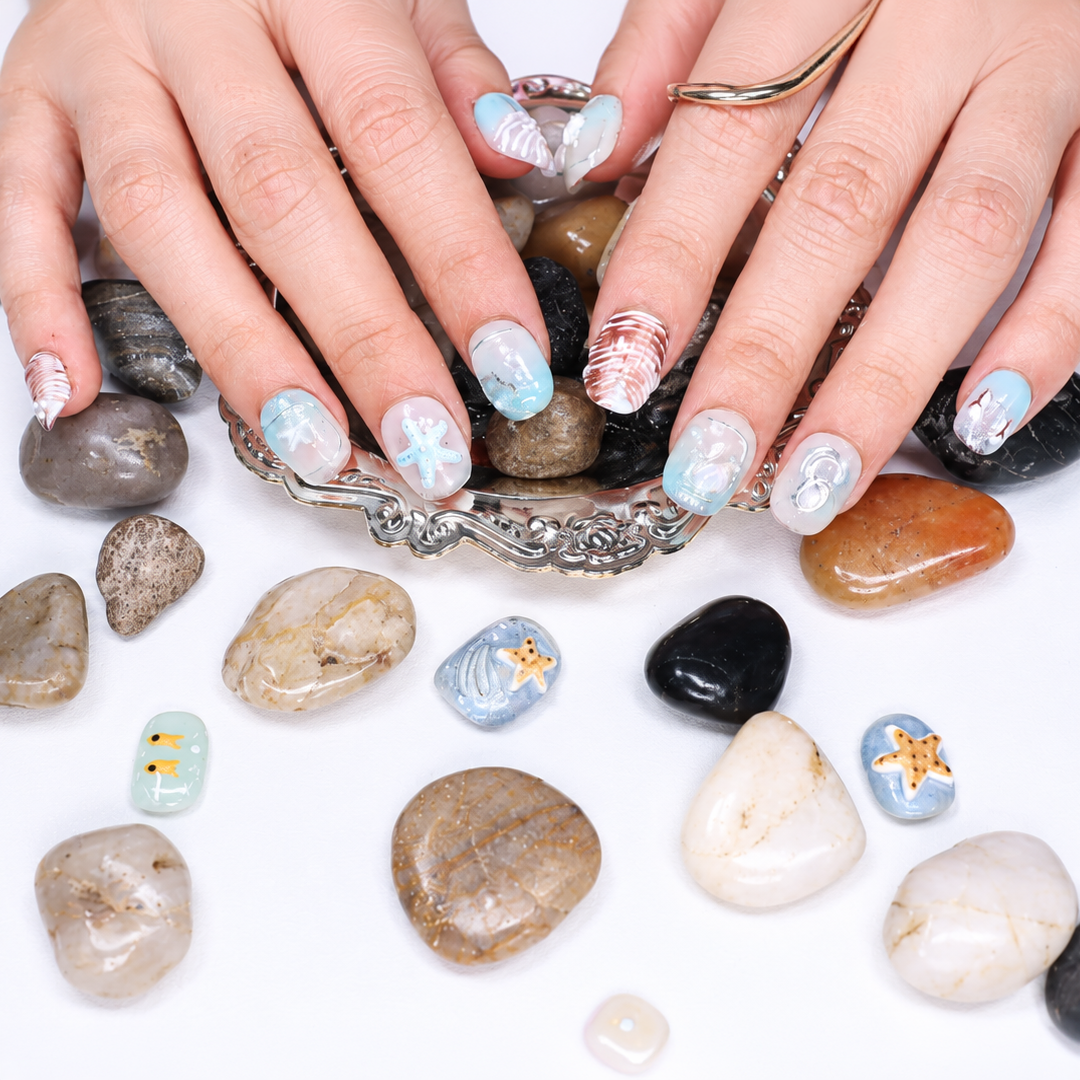 Mavi Nail Art Kısa Yuvarlak El Yapımı Jel Takma Tırnak KKYL-3502