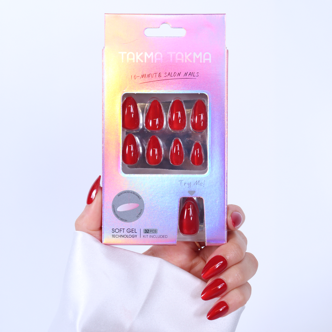Kırmızı Cat Eye Kısa Badem Soft Jel Takma Tırnak  MKBD-3535