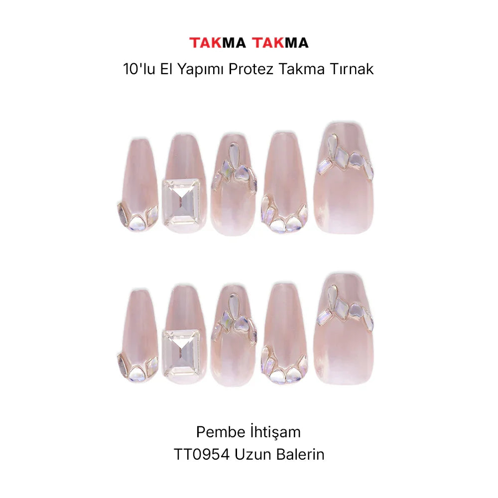 TT0954 - Pembe İhtişam - 10'lu Tekrar Kullanılabilir El Yapımı Protez Takma Tırnak Takma Takma