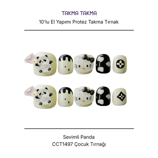 Tekrar Kullanılabilir El Yapımı Protez Takma Tırnak CCT1497 - Sevimli Panda - 10'lu