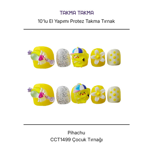 Tekrar Kullanılabilir El Yapımı Protez Takma Tırnak CCT1499 - Pihachu - 10'lu