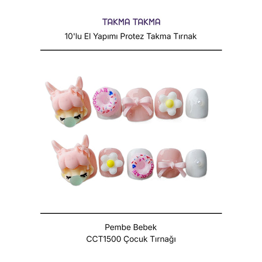 Tekrar Kullanılabilir El Yapımı Protez Takma Tırnak CCT1500 - Pembe Bebek - 10'lu