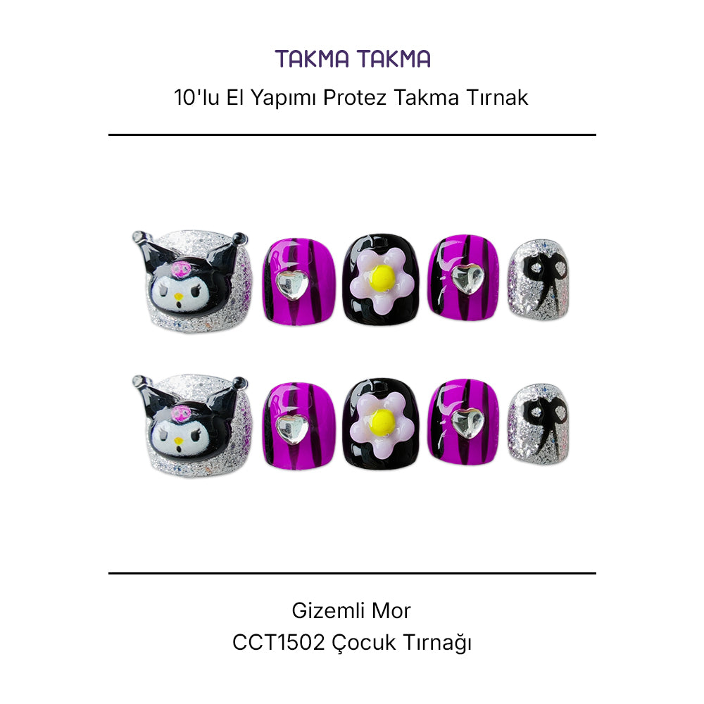 10'lu Mor Çocuk Tırnağı  CCT1502 Tekrar Kullanılabilir El Yapımı Protez Takma Tırnak