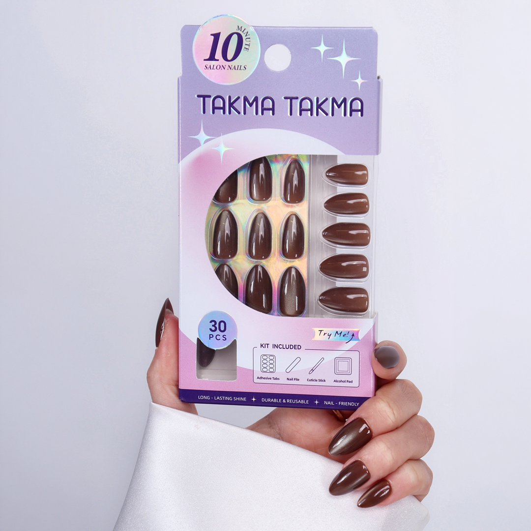 Çikolata Kahve Cat Eye Kısa Badem Soft Jel Standart Beden 30'lu Takma Tırnak MKBD3669