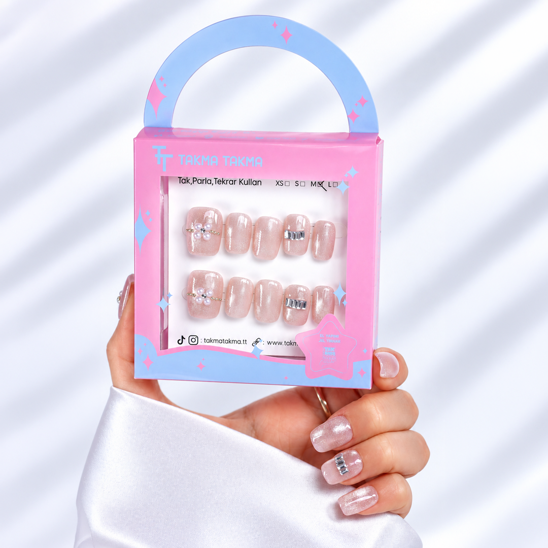 Pembe Nail Art Kısa Balerin El Yapımı Takma Tırnak 10'lu EKBL-3519