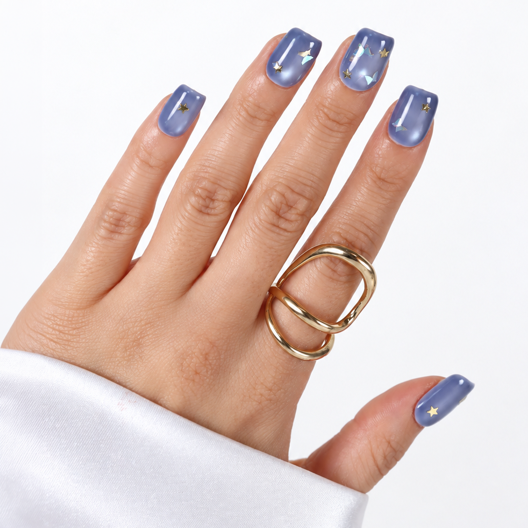 Mavi Nail Art Kısa Balerin 10'lu Tekrar Kullanılabilir El Yapımı Protez Takma Tırnak EKBL-3529
