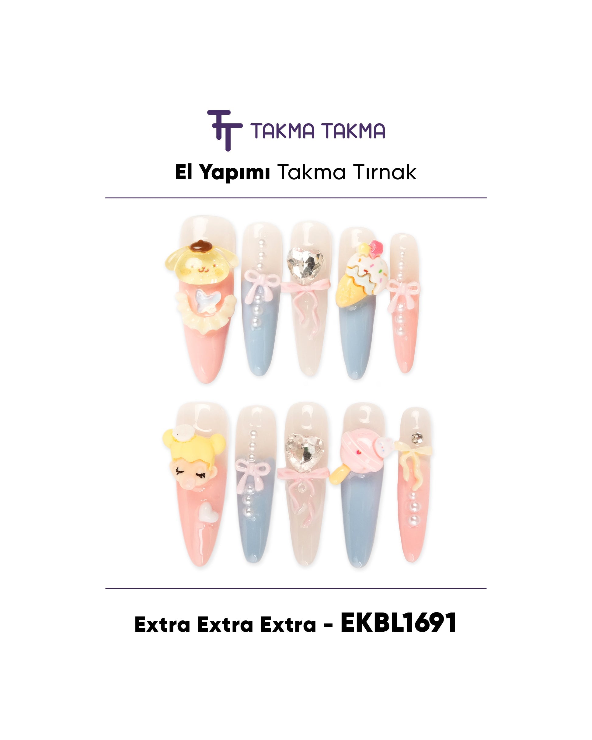 EKBL1691 Extra 10'lu Tekrar Kullanılabilir El Yapımı Protez Takma Tırnak Takma Takma