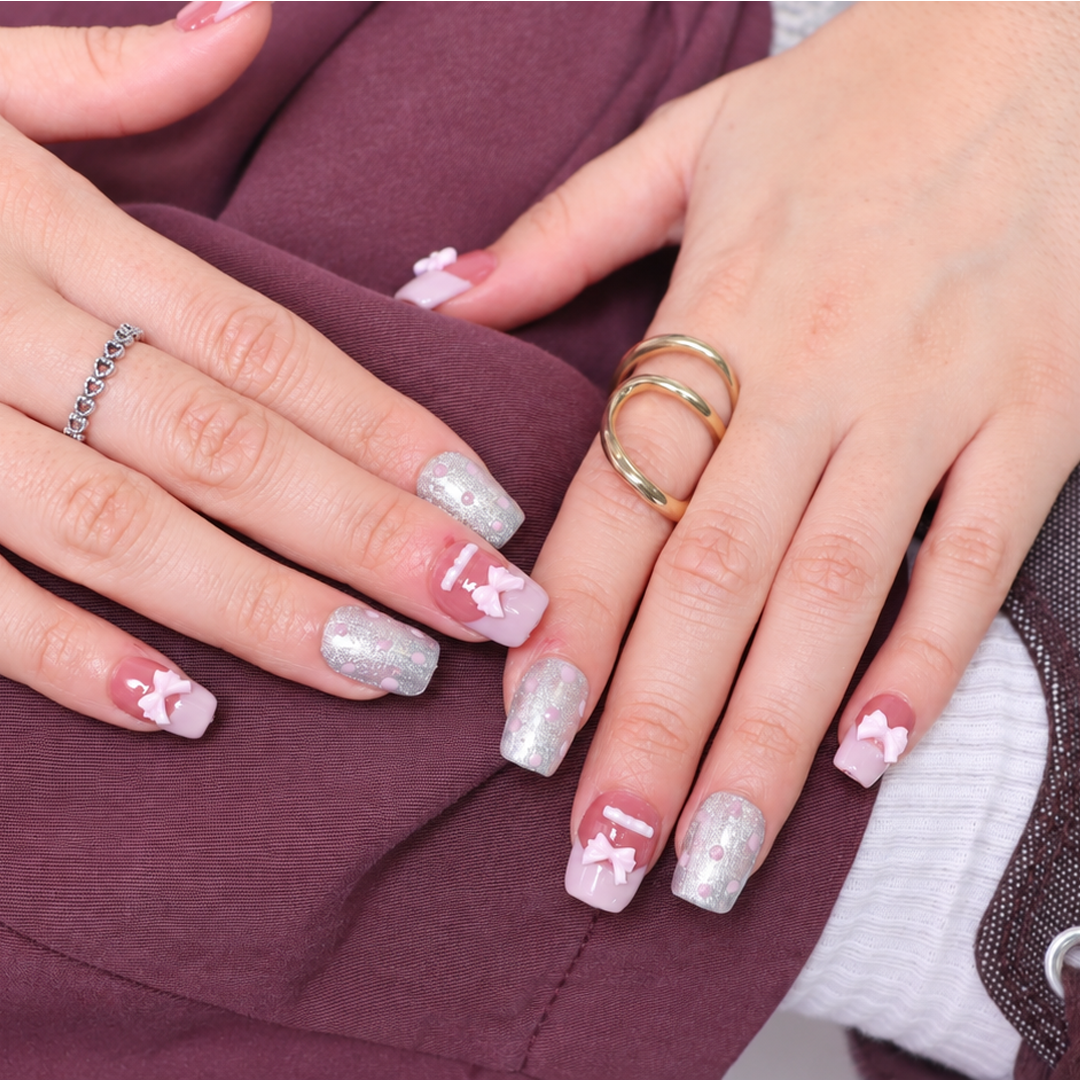 Pembe Simli Nail Art Kısa Balerin El Yapımı Takma Tırnak 10'lu EKBL3023