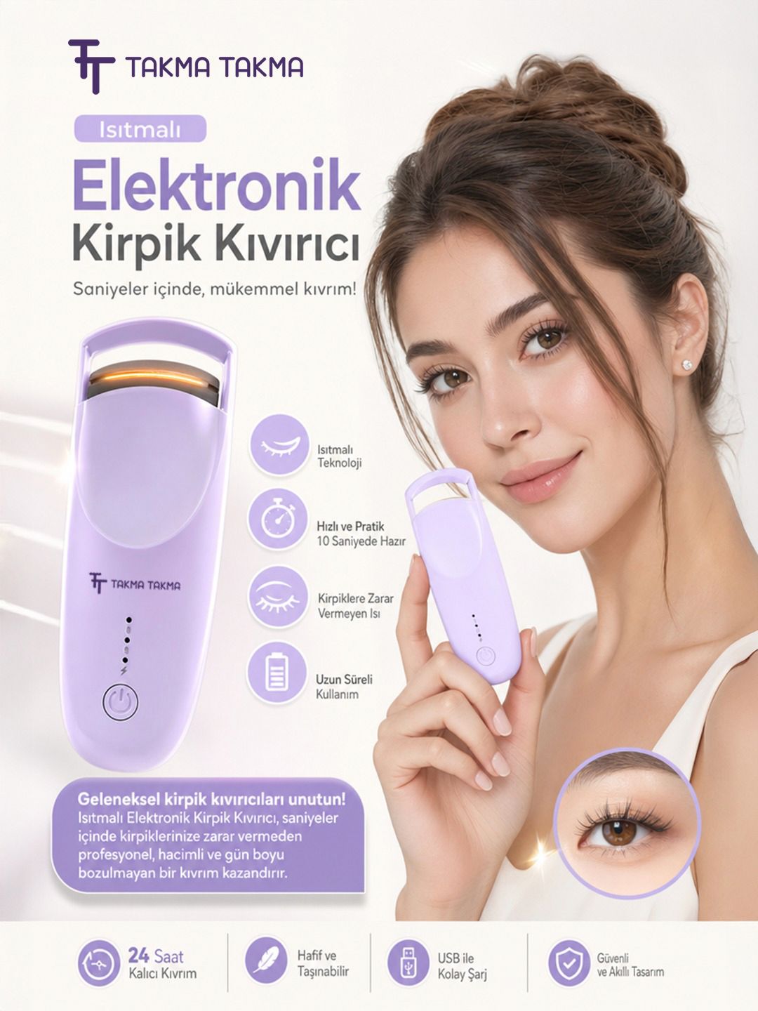 Kirpik Kıvırıcı Kirpik Şekillendirici Elektronik Isıtmalı Şarjlı – 2 Isıtma Modlu, 5 Saniyede Hızlı Isınma, Uzun Süre Kalıcı Etki, Şarj Edilebilir Mor EKCM