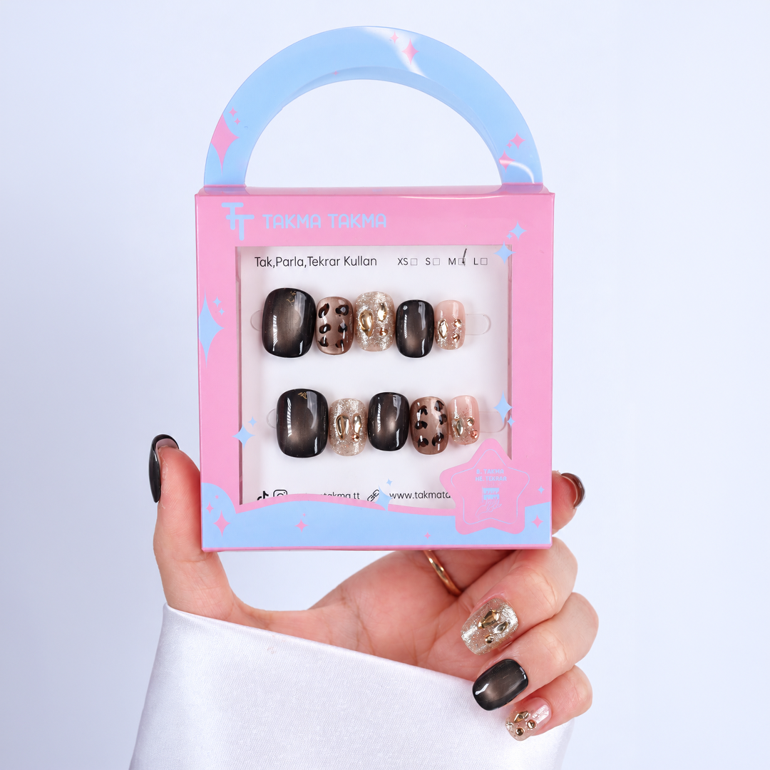 Renkli Nail Art KISA KARE 10'lu Tekrar Kullanılabilir El Yapımı Protez Takma Tırnak EKKR-3555
