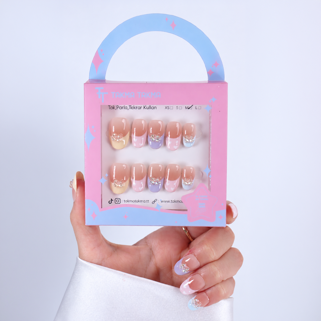 Renkli French Kısa Oval 10'lu Tekrar Kullanılabilir El Yapımı Protez Takma Tırnak EKOV-3518
