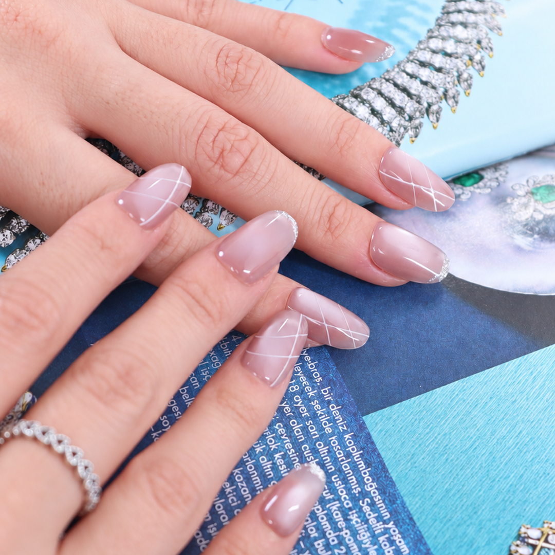 Pembe Nail Art Kısa Oval 10'lu Tekrar Kullanılabilir El Yapımı Protez Takma Tırnak