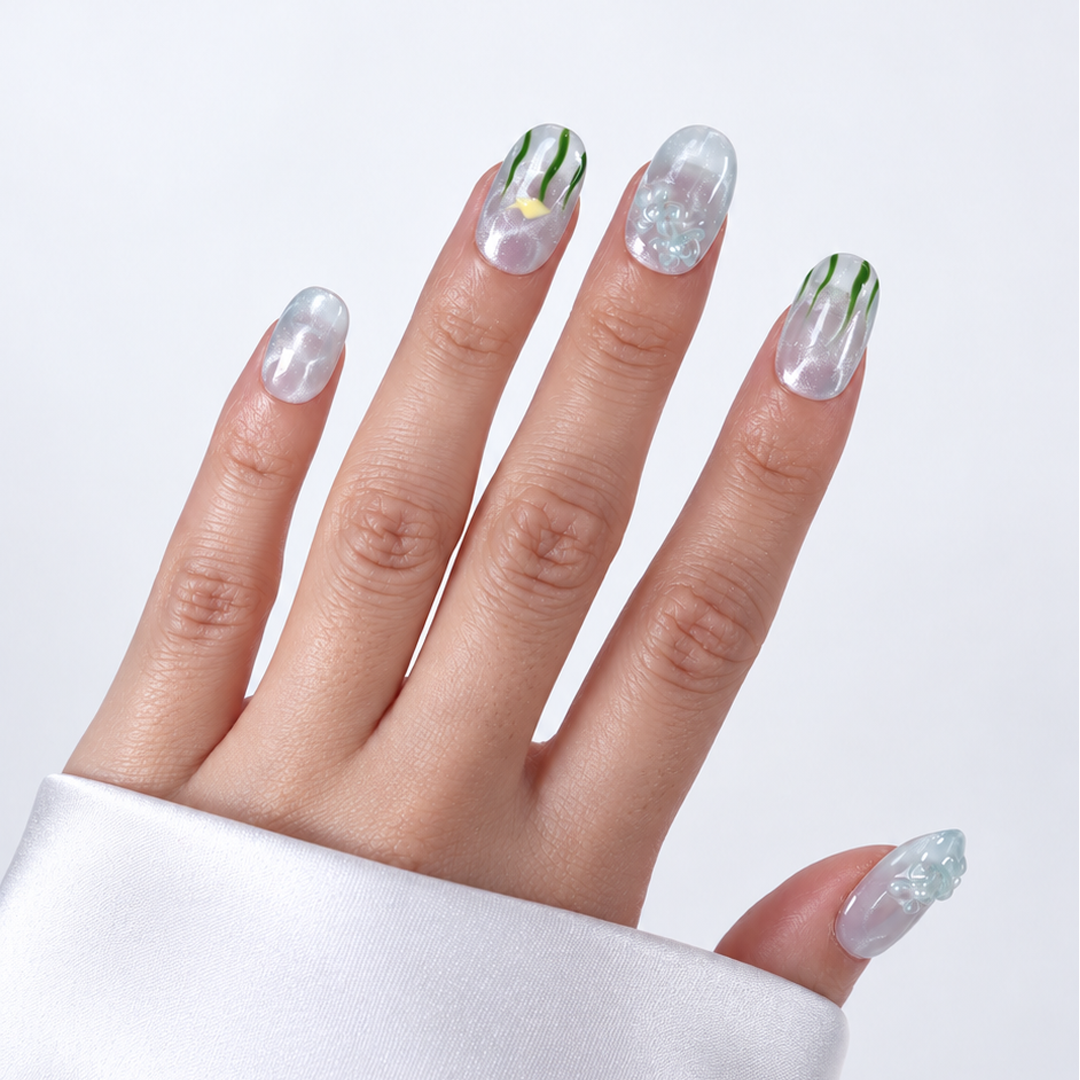 Mavi Nail Art Kısa Oval 10'lu Tekrar Kullanılabilir El Yapımı Protez Takma Tırnak EKOV-3526