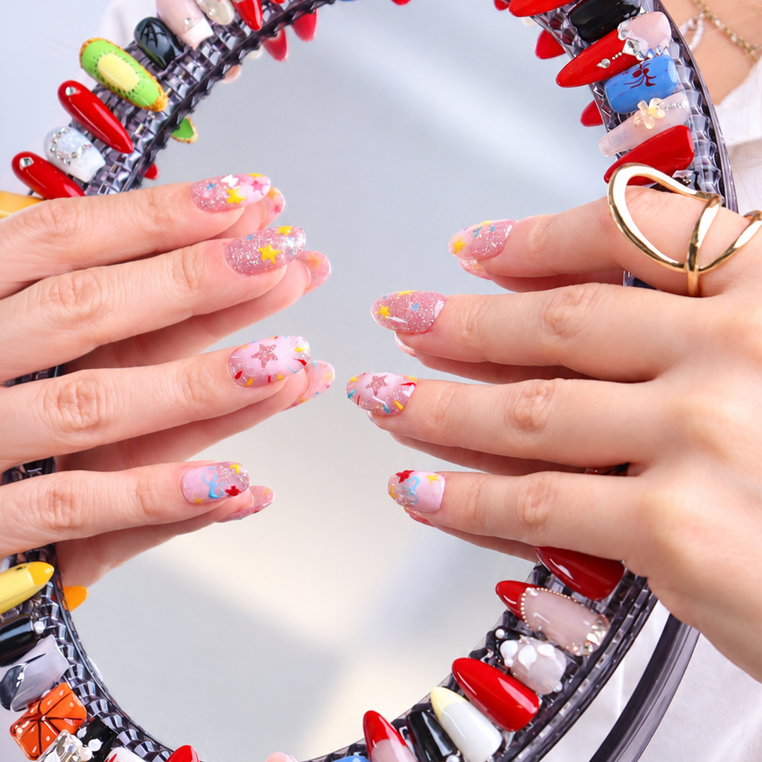 Renkli Nail Art Kısa Oval 10'lu Tekrar Kullanılabilir El Yapımı Protez Takma Tırnak EKOV-3544 – görsel 3