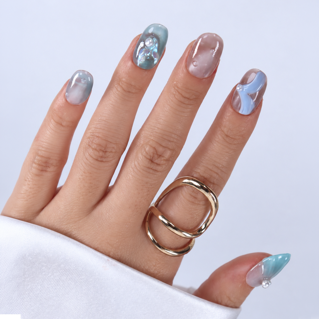 Mavi Nail Art Kısa Oval 10'lu Tekrar Kullanılabilir El Yapımı Protez Takma Tırnak EKOV-3547