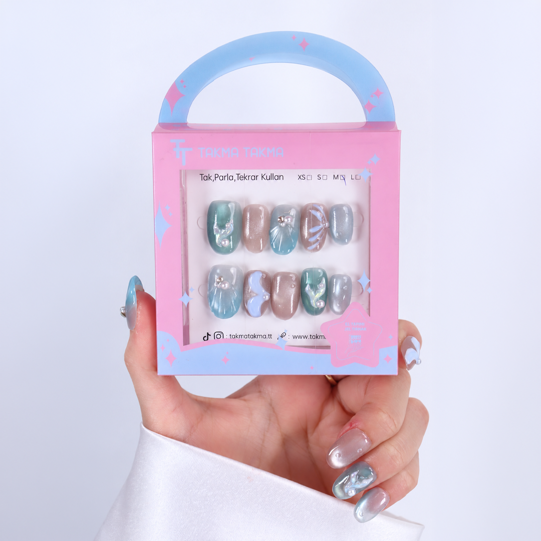 Mavi Nail Art Kısa Oval 10'lu Tekrar Kullanılabilir El Yapımı Protez Takma Tırnak EKOV-3547