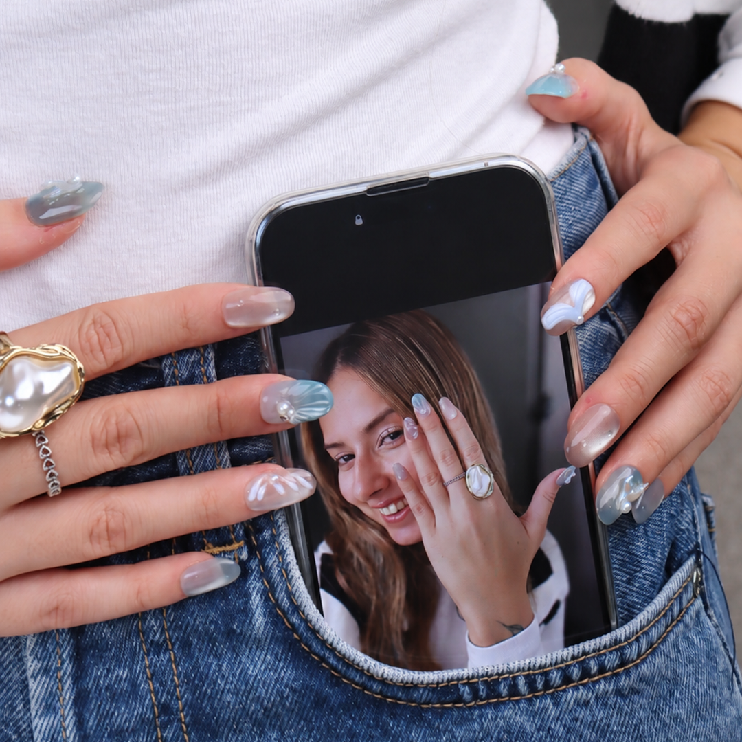 Mavi Nail Art Kısa Oval 10'lu Tekrar Kullanılabilir El Yapımı Protez Takma Tırnak EKOV-3547