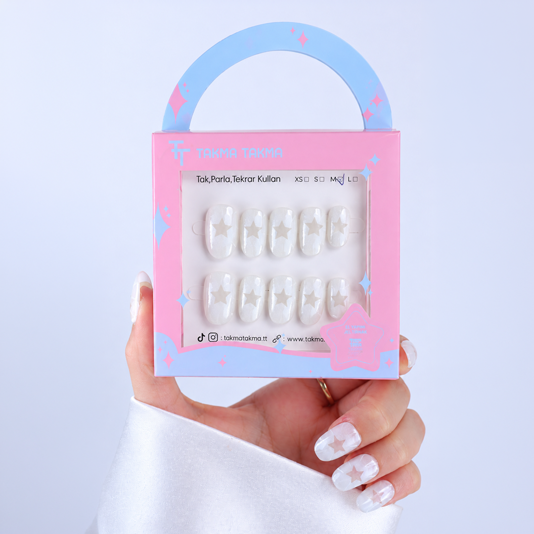 Beyaz Nail Art Kısa Oval 10'lu Tekrar Kullanılabilir El Yapımı Protez Takma Tırnak EKOV-3548