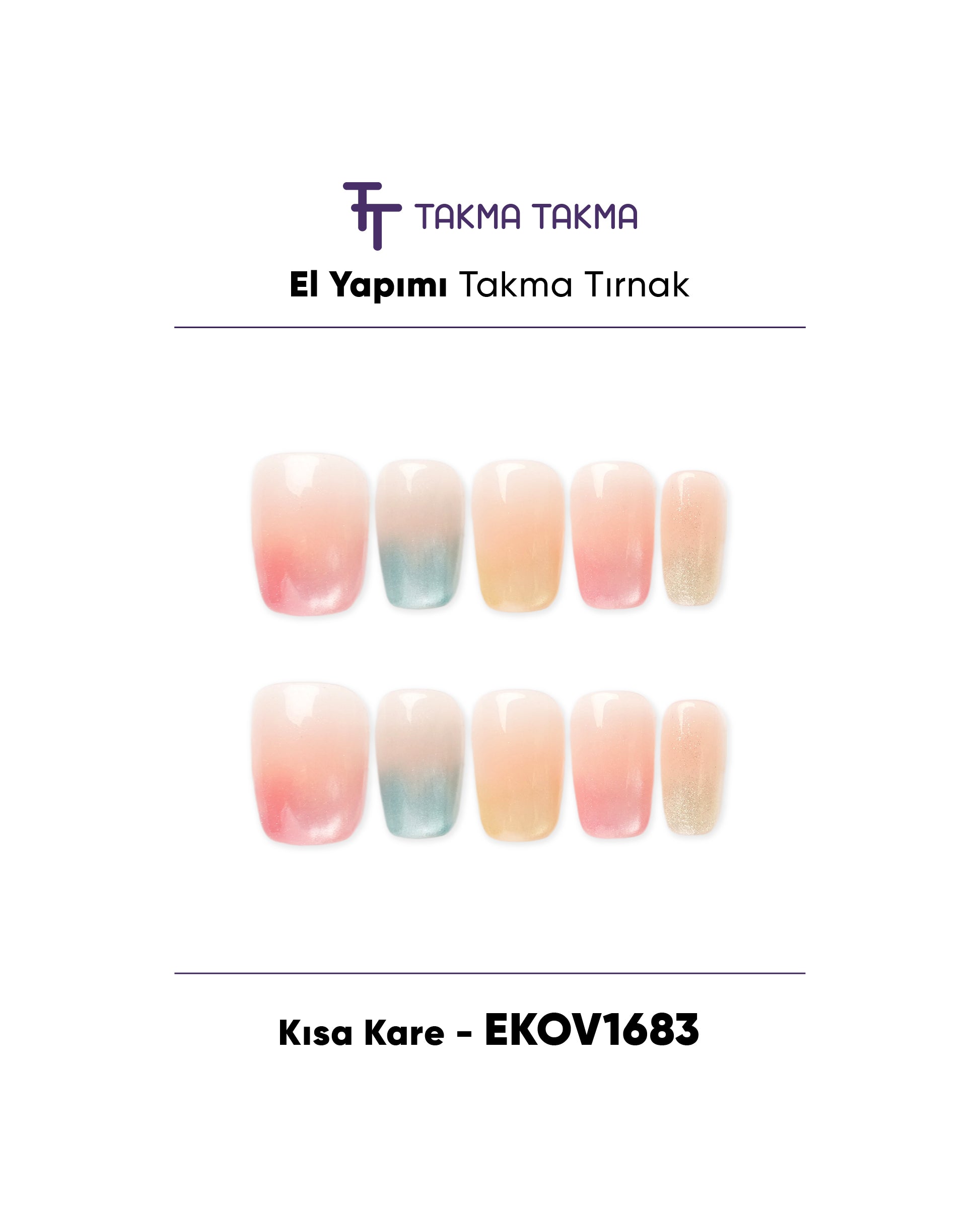 EKOV1683 Kısa Kare 10'lu Tekrar Kullanılabilir El Yapımı Protez Takma Tırnak Takma Takma