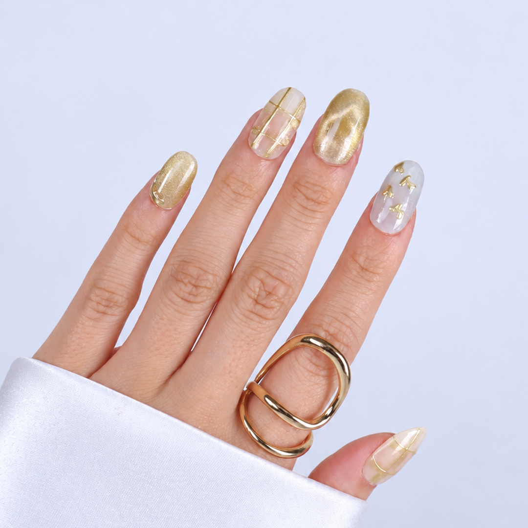 Takma Tırnak Sarı Nail Art Kısa Oval 10'lu Tekrar Kullanılabilir El Yapımı Protez Takma Tırnak EKOV3031