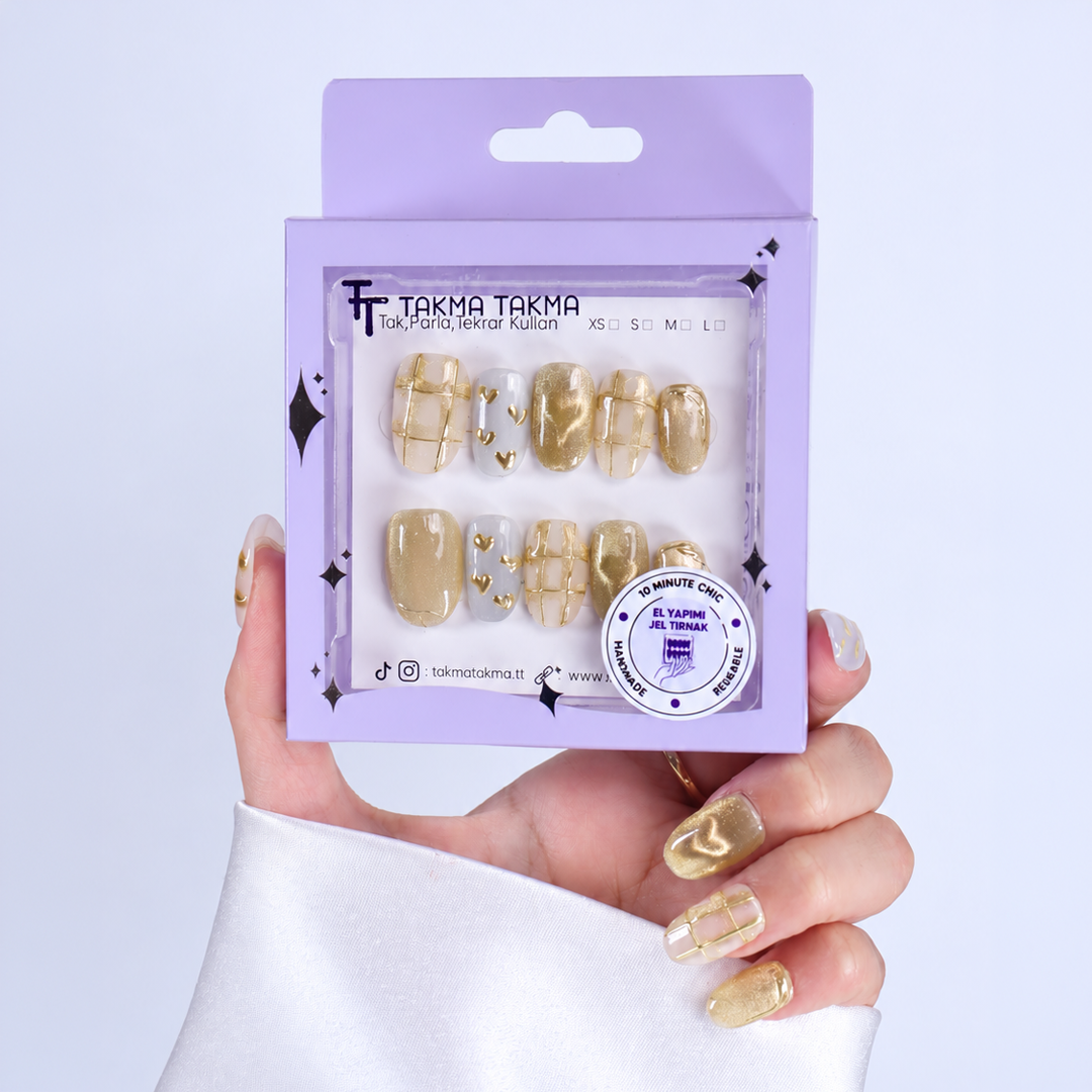 Takma Tırnak Sarı Nail Art Kısa Oval 10'lu Tekrar Kullanılabilir El Yapımı Protez Takma Tırnak EKOV3031