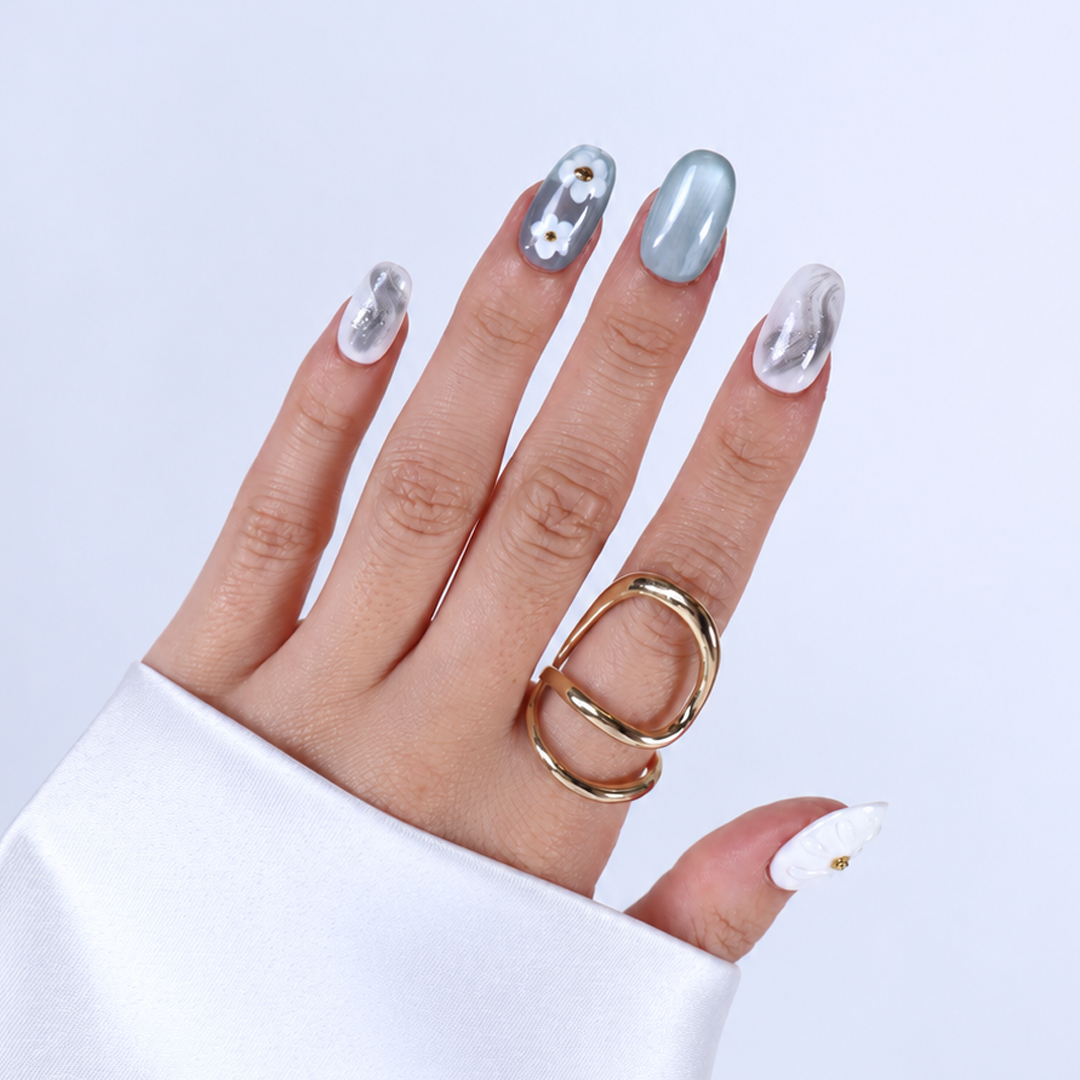 Takma Tırnak Mavi Nail Art Kısa Oval 10'lu Tekrar Kullanılabilir El Yapımı Protez Takma Tırnak