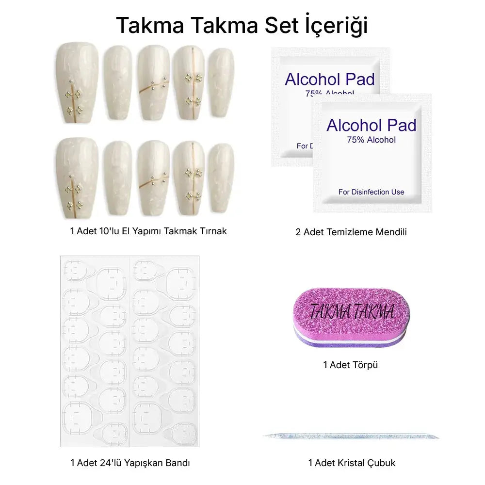10'lu Beyaz Ekstra Uzun Balerin TT0974 Tekrar Kullanılabilir El Yapımı Protez Takma Tırnak Takma Takma