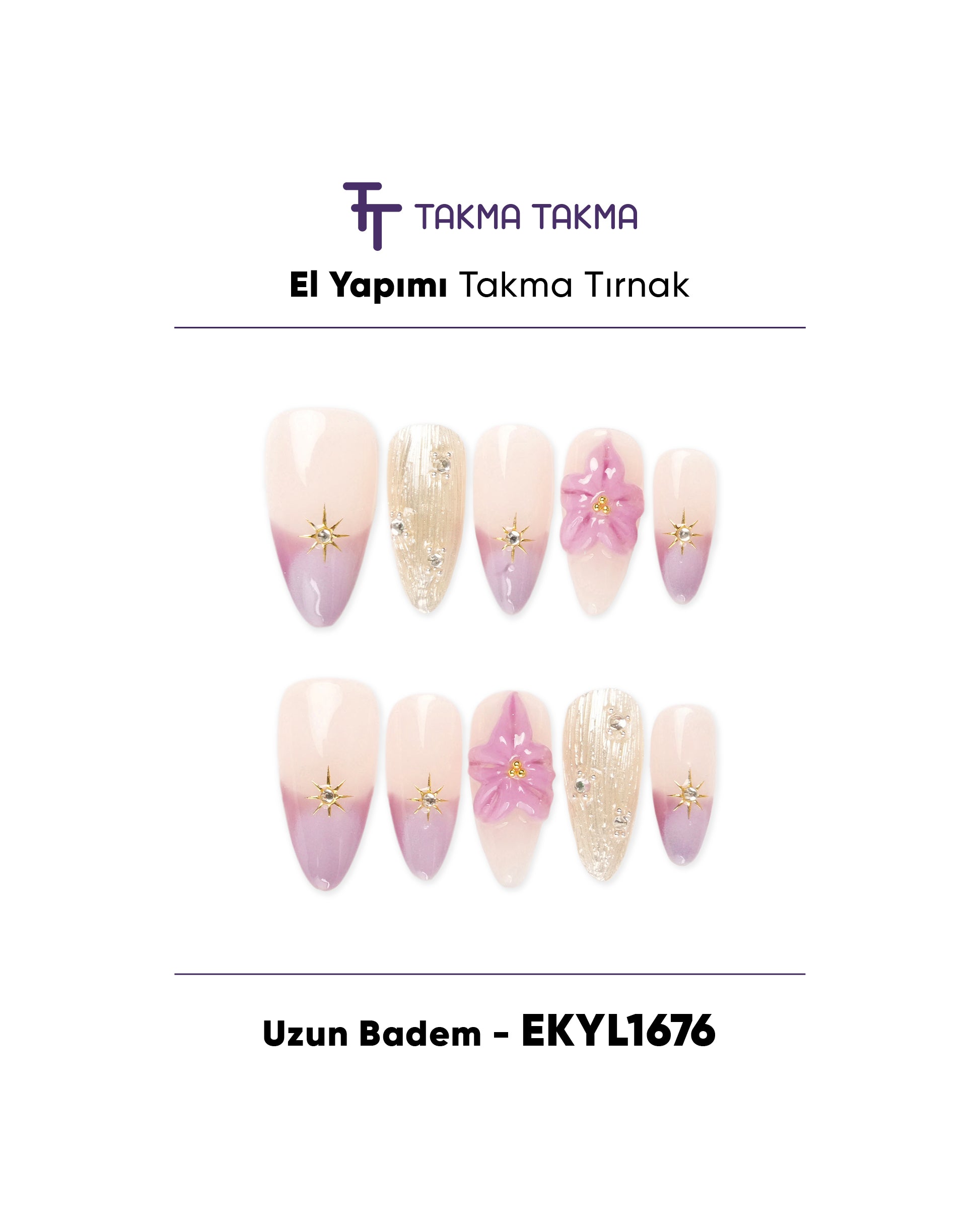 EKYL1676 Uzun Badem 10'lu Tekrar Kullanılabilir El Yapımı Protez Takma Tırnak Takma Takma