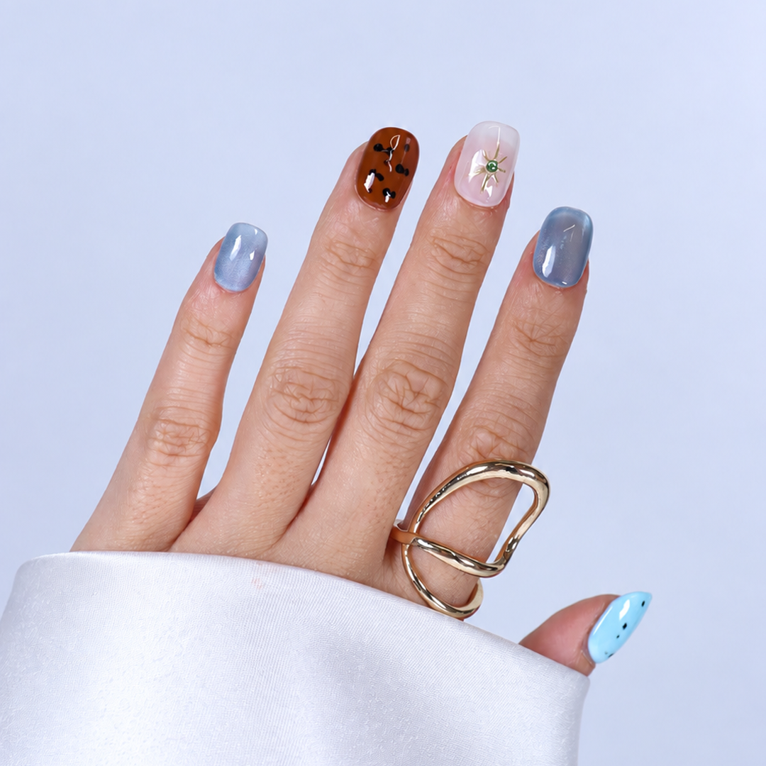 Takma Tırnak Renkli Nail Art  Kısa Yuvarlak 10'lu Tekrar Kullanılabilir El Yapımı Protez Takma Tırnak EKYL3029