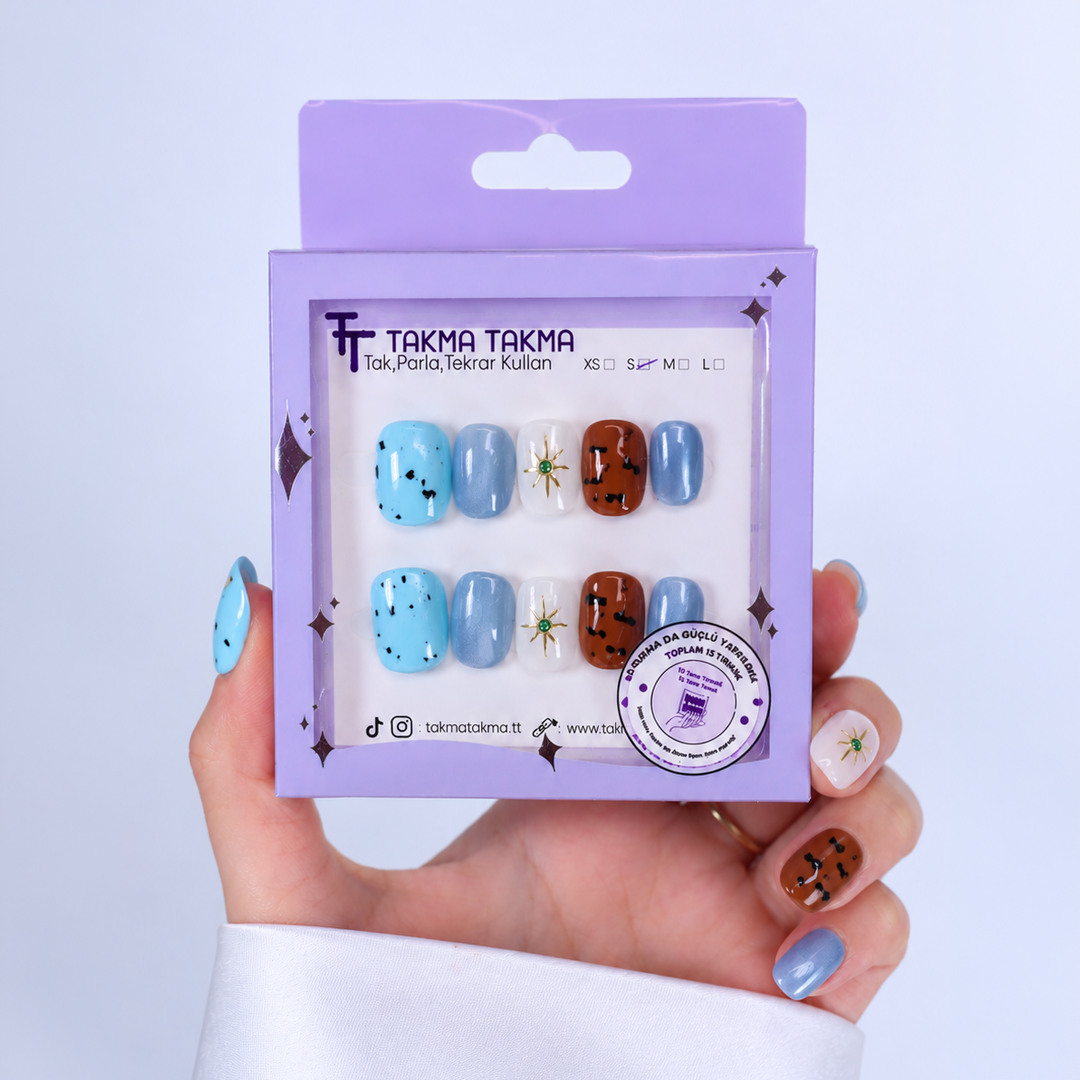 Takma Tırnak Renkli Nail Art  Kısa Yuvarlak 10'lu Tekrar Kullanılabilir El Yapımı Protez Takma Tırnak EKYL3029