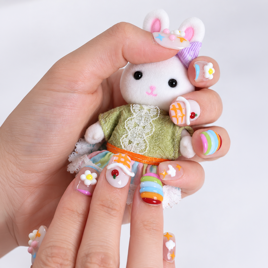 Renkli Nail Art Kısa Yuvarlak 10'lu Tekrar Kullanılabilir El Yapımı Protez Takma Tırnak EKYL3032