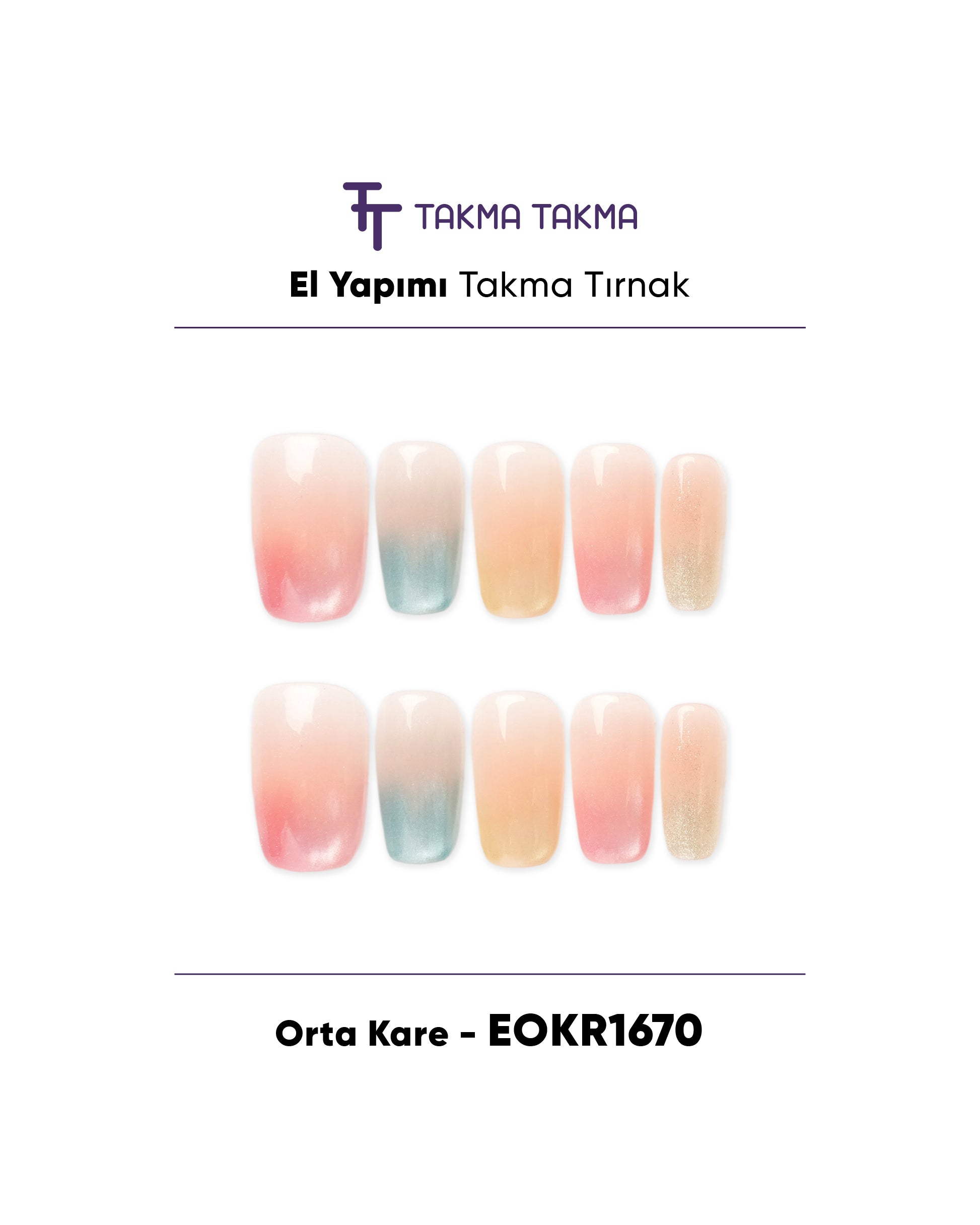 EOKR1670 Orta Kare 10'lu Tekrar Kullanılabilir El Yapımı Protez Takma Tırnak Takma Takma