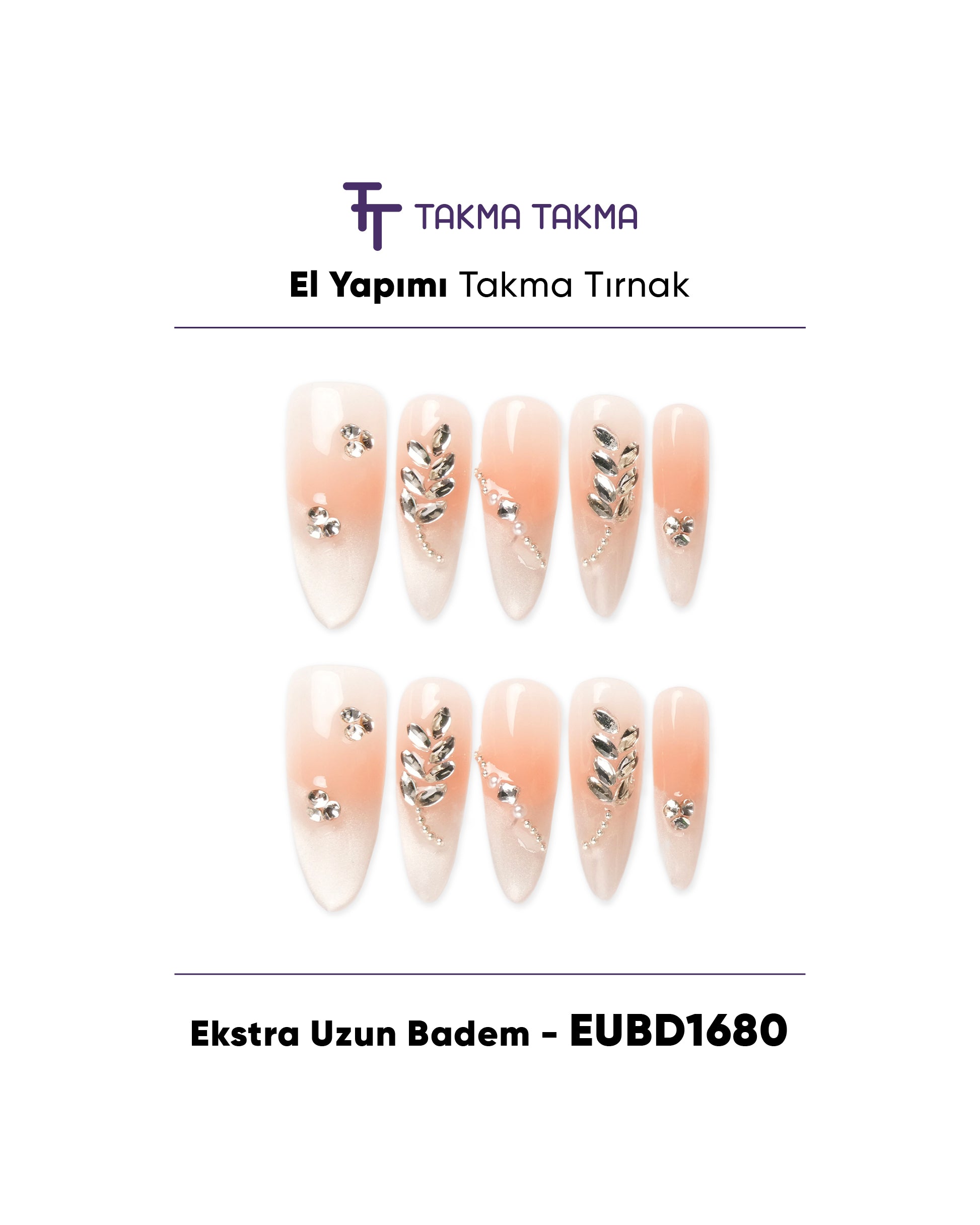 EUBD1680 Extra Uzun Badem 10'lu Tekrar Kullanılabilir El Yapımı Protez Takma Tırnak